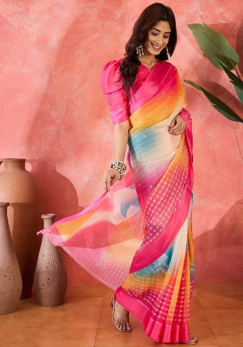 Multicolor Embroidered Moss Chiffon Saree Set