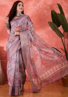 Lavender Embroidered Silk Saree Set