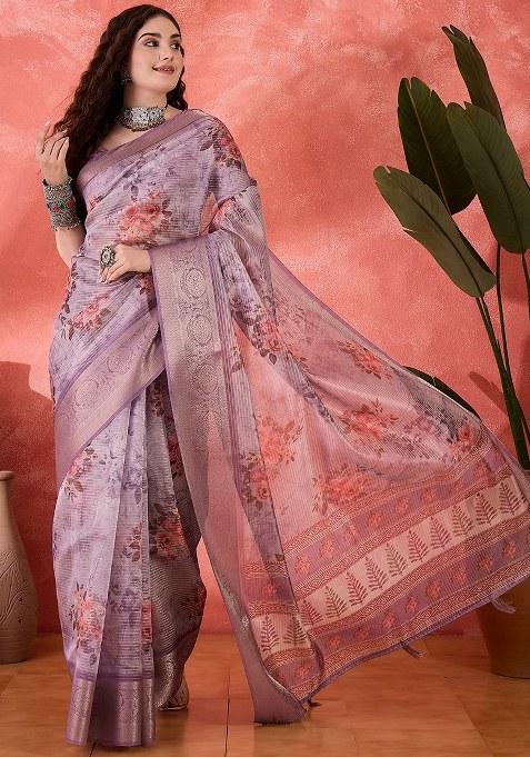 Lavender Embroidered Silk Saree Set