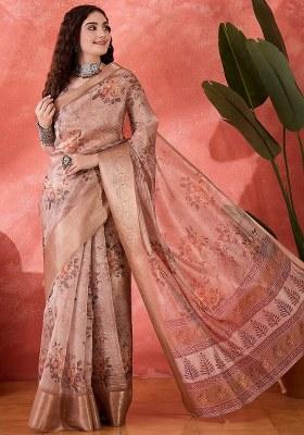 Peach Embroidered Silk Saree Set
