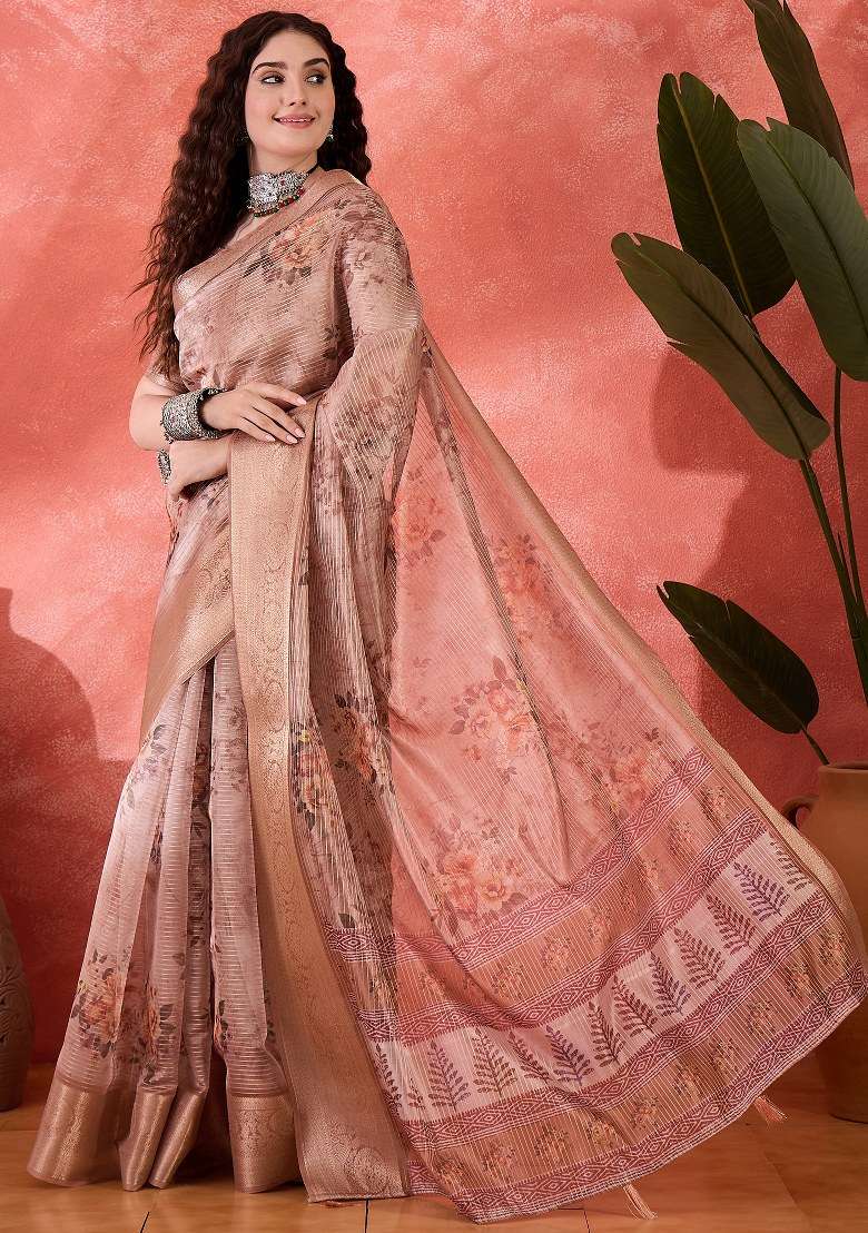 Peach Embroidered Silk Blend Saree Set for Diwali and Festive Wear - Indya