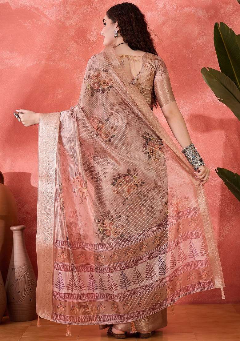 Peach Embroidered Silk Blend Saree Set for Diwali and Festive Wear - Indya