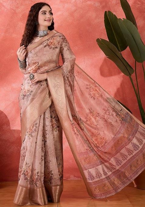 Peach Embroidered Silk Saree Set