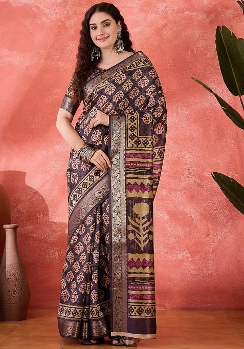 Purple Embroidered Silk Saree Set