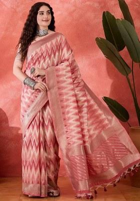 Pink Embroidered Cotton Blend Saree Set