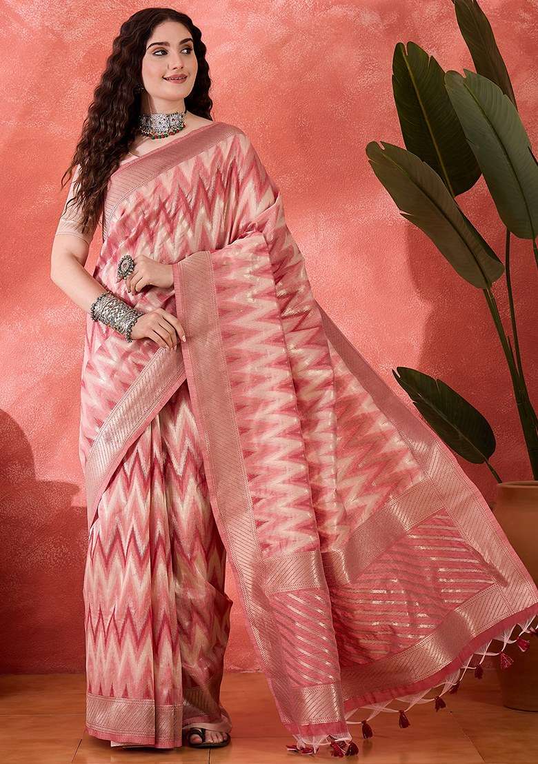 Pink Embroidered Cotton Blend Saree Set for Diwali and Festive Wear - Indya