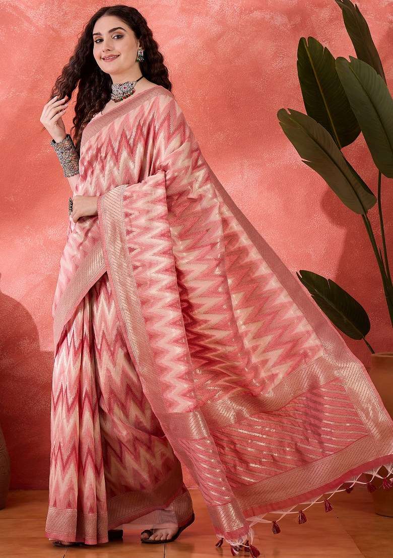 Pink Embroidered Cotton Blend Saree Set for Diwali and Festive Wear - Indya