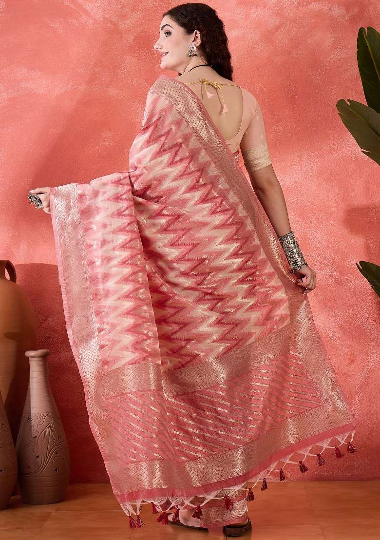 Pink Embroidered Cotton Blend Saree Set for Diwali and Festive Wear - Indya