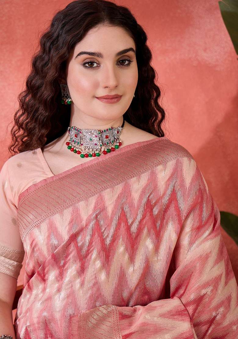Pink Embroidered Cotton Blend Saree Set for Diwali and Festive Wear - Indya