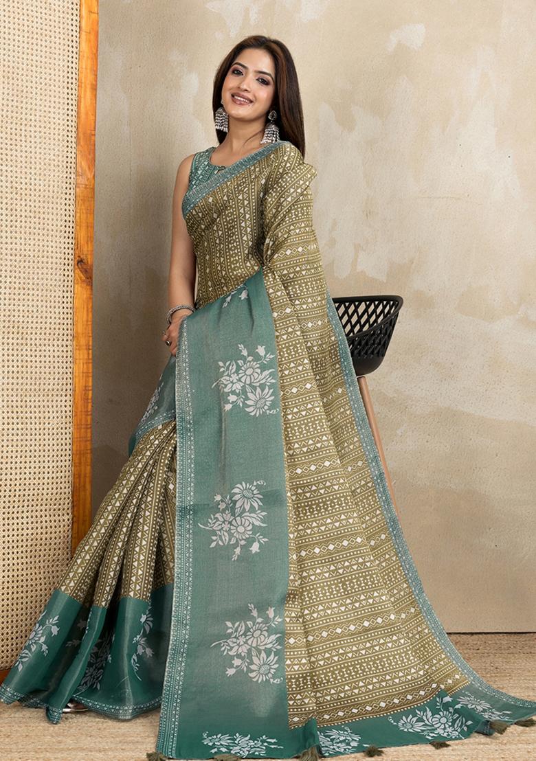 Sea Green Printed Cotton Saree Set - Indya