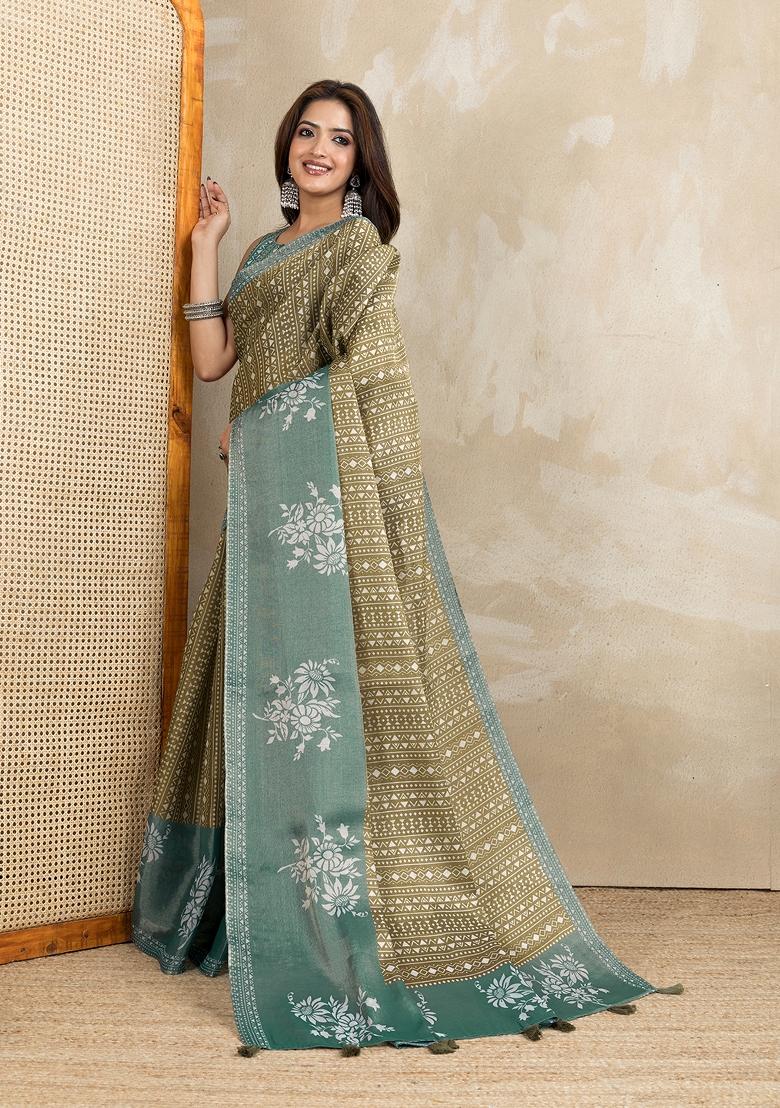 Sea Green Printed Cotton Saree Set - Indya
