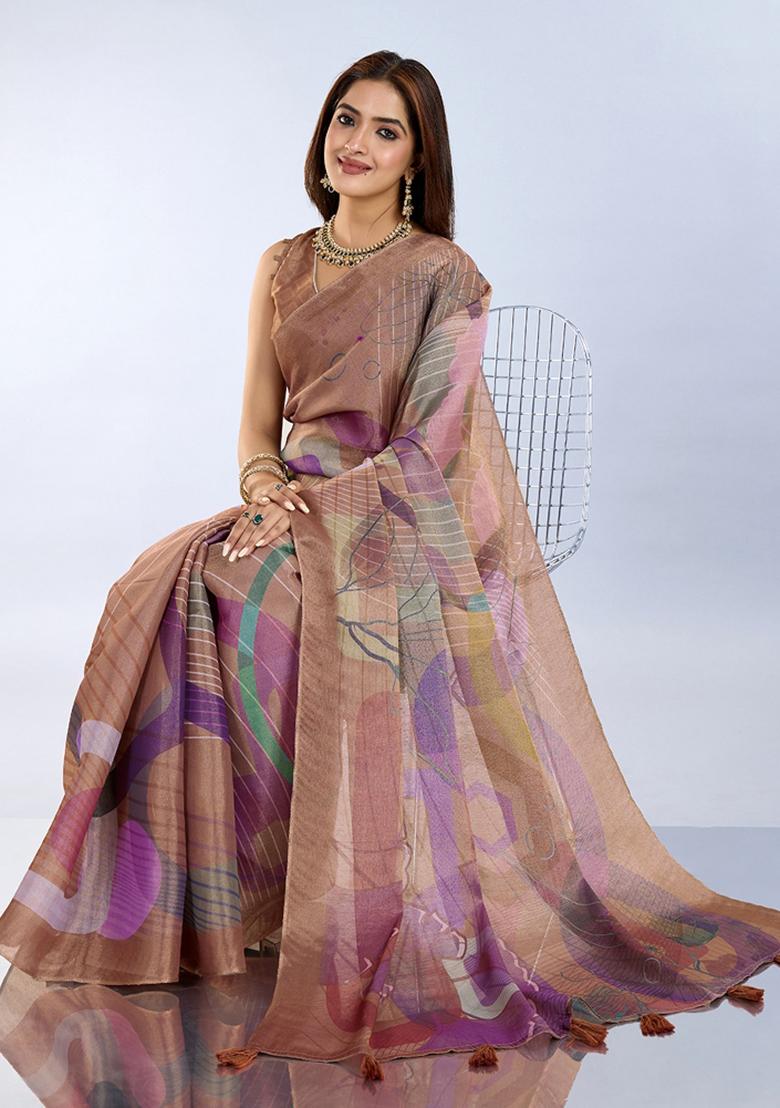 Brown Printed Cotton Saree Set - Indya