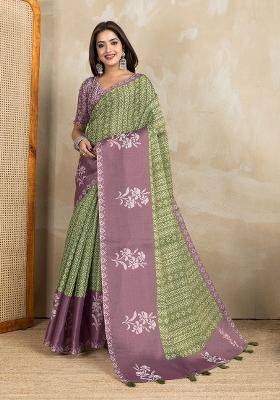 Green Printed Cotton Saree Set