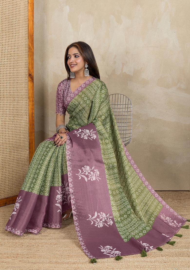 Green Printed Cotton Saree Set - Indya