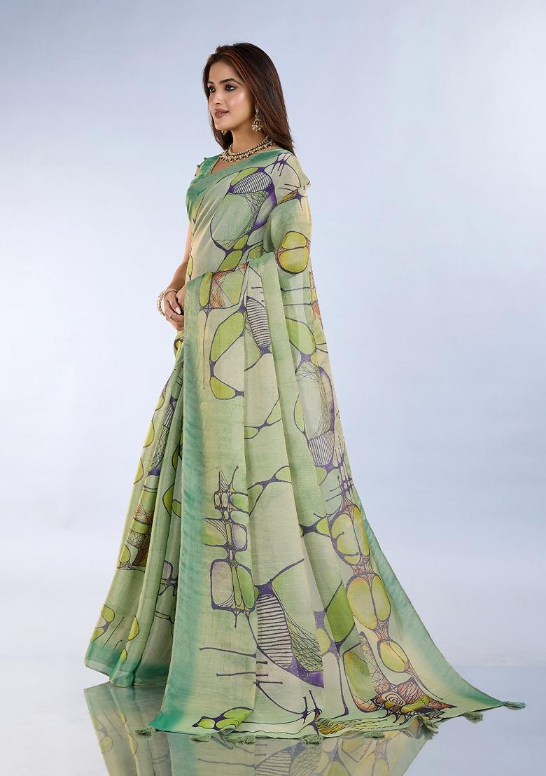 Parrot Green Printed Cotton Saree Set - Indya