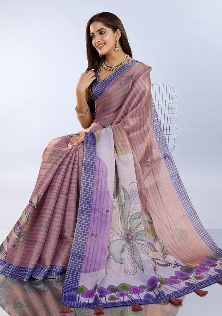 Purple Printed Cotton Saree Set - Indya