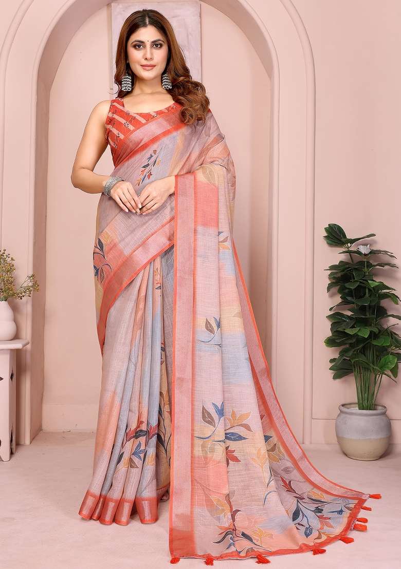 Orange Printed Linen Saree Set - Indya