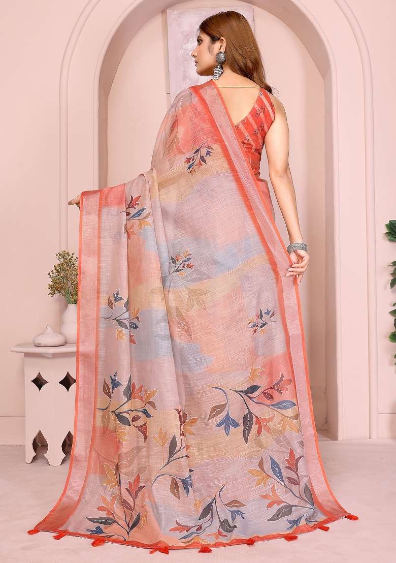 Orange Printed Linen Saree Set - Indya