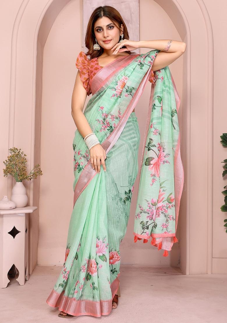 Parrot Green Printed Linen Saree Set - Indya