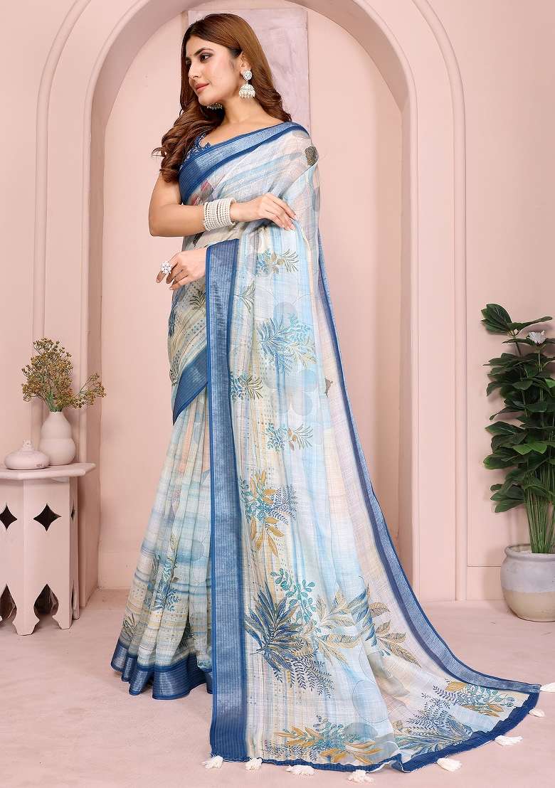 White Printed Linen Saree Set - Indya