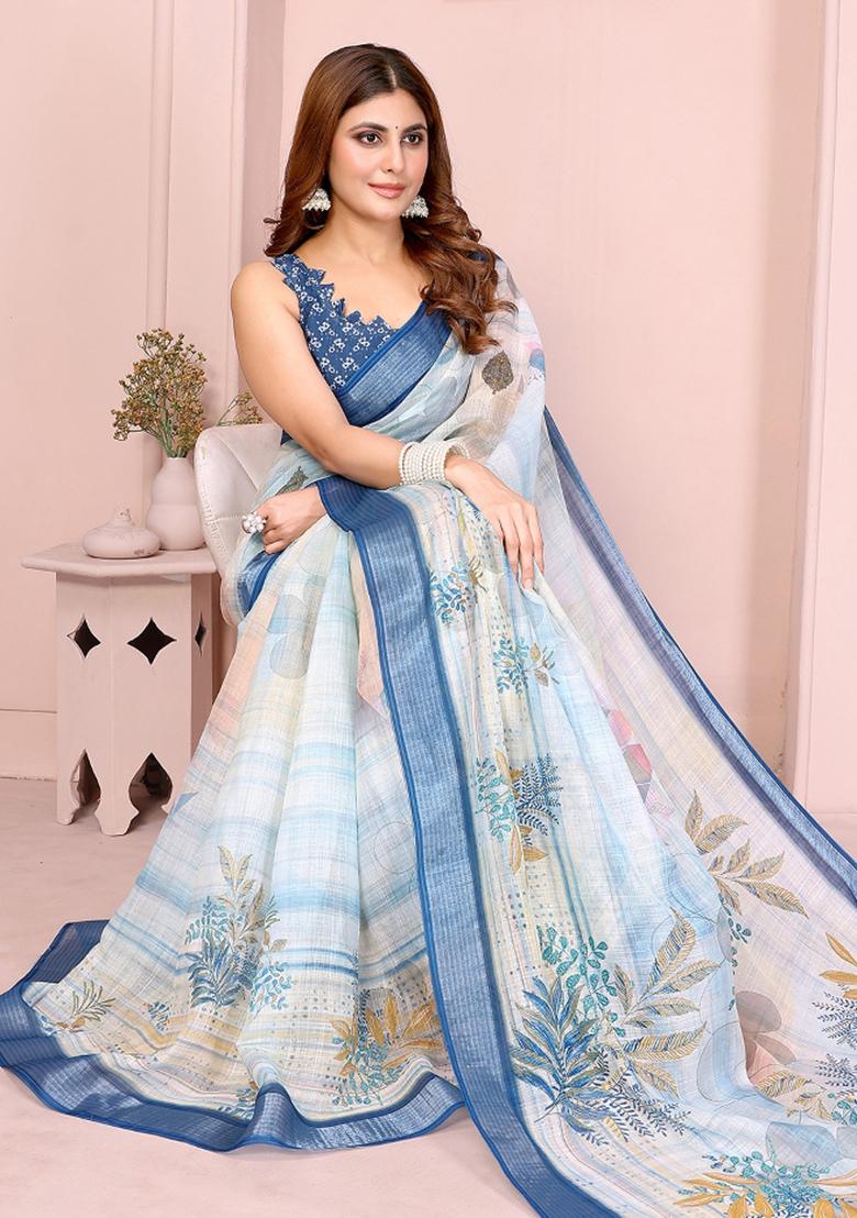 White Printed Linen Saree Set - Indya