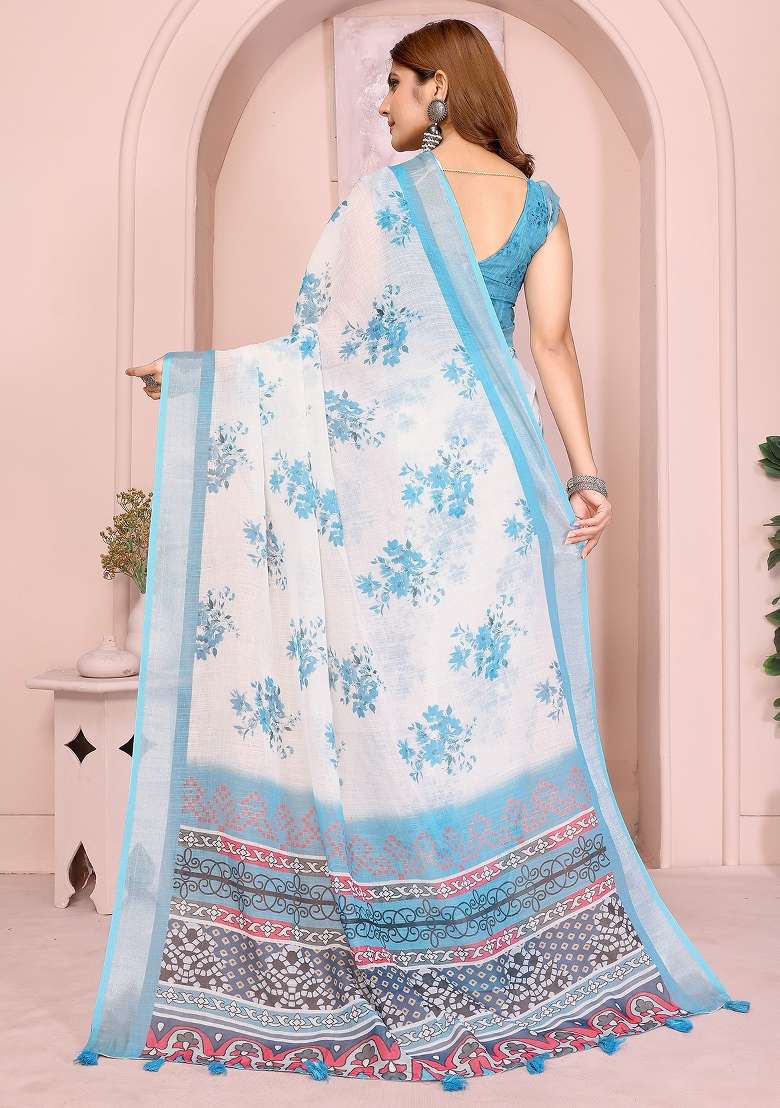 White Printed Linen Saree Set - Indya