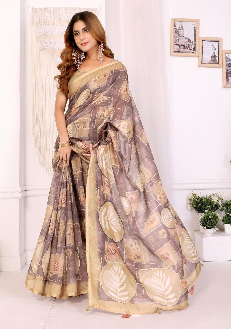 Beige Printed Chanderi Saree Set - Indya