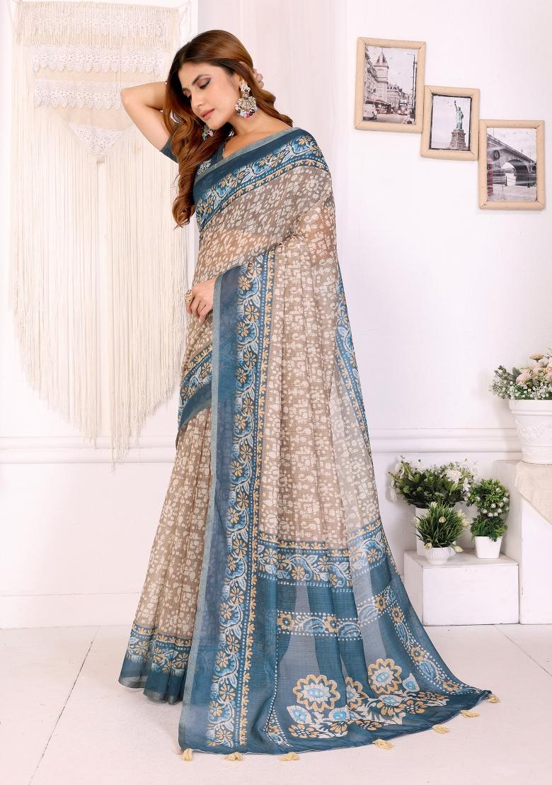 Beige Printed Chanderi Saree Set - Indya