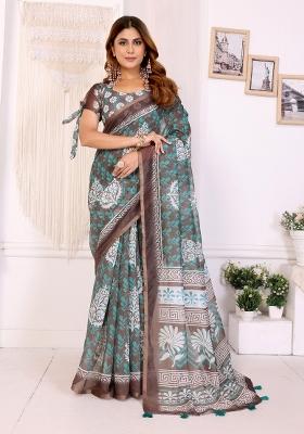 Brown Printed Chanderi Saree Set