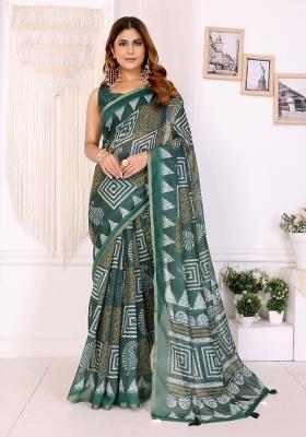 Green Printed Chanderi Saree Set