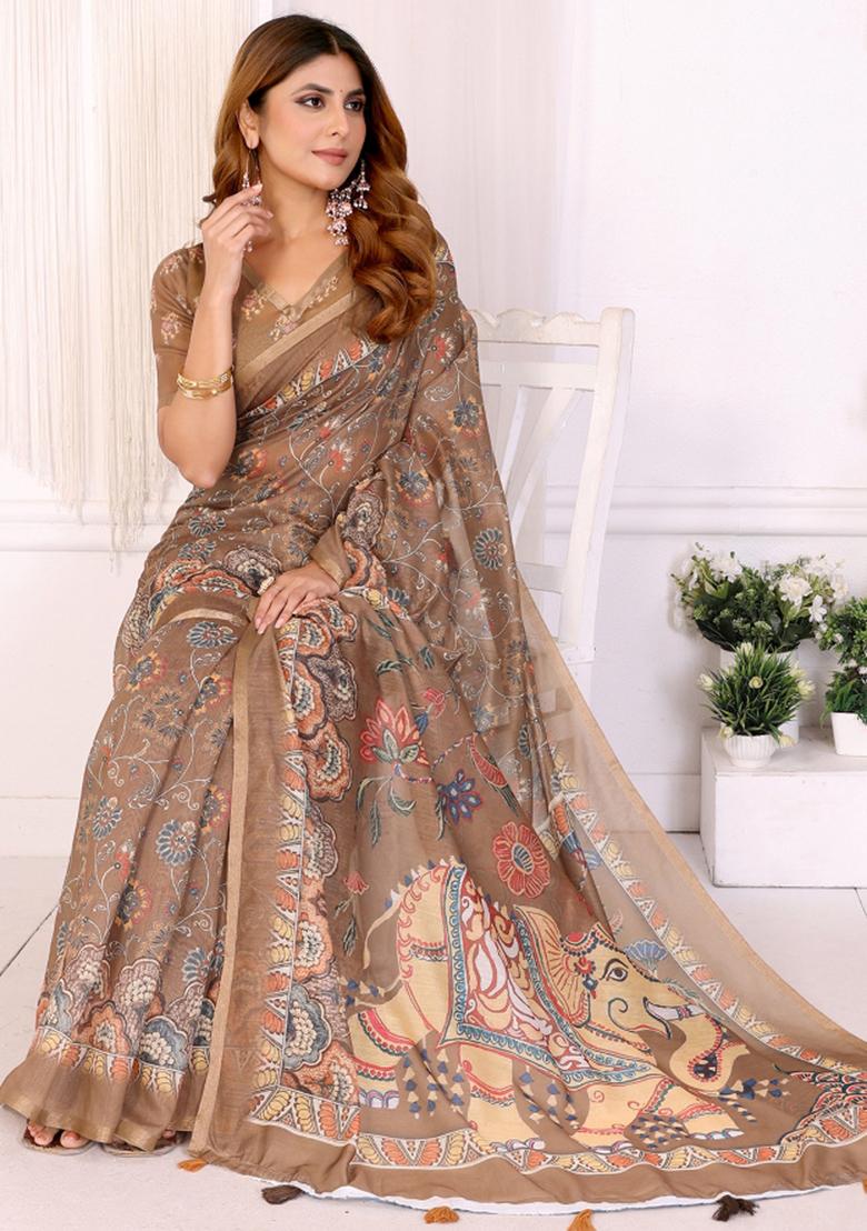 Mustard Printed Chanderi Saree Set - Indya
