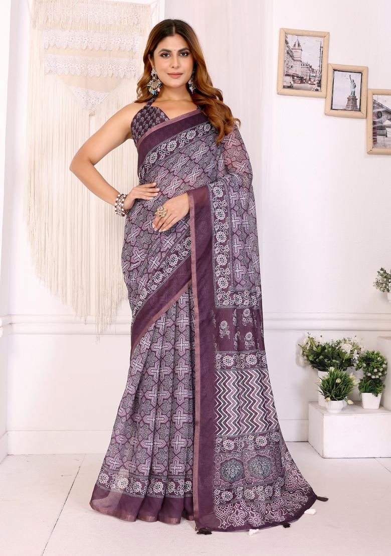 Purple Printed Chanderi Saree Set - Indya