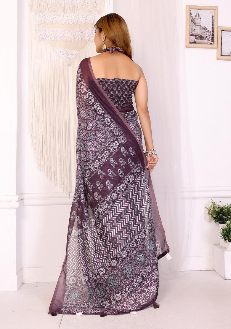 Purple Printed Chanderi Saree Set - Indya