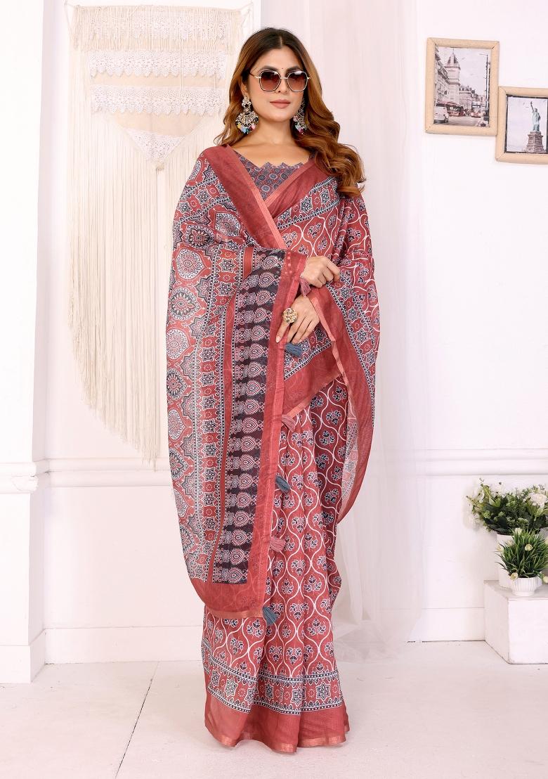 Red Printed Chanderi Saree Set - Indya