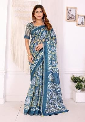 Teal Printed Chanderi Saree Set
