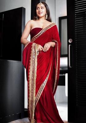 Red Printed Blended Saree Set