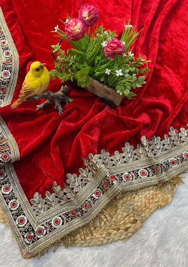 Red Printed Blended Saree Set - Indya