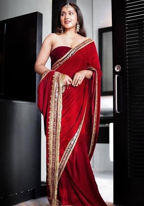 Red Printed Blended Saree Set