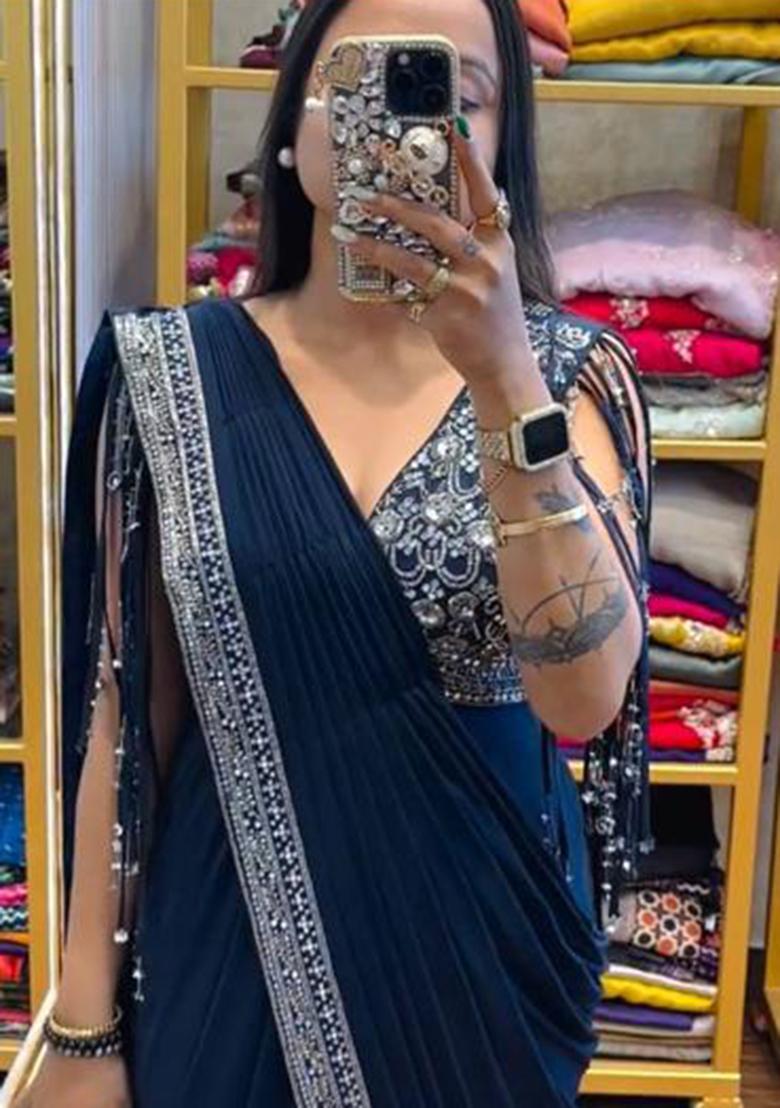 Navy Blue Printed Blended Saree Set - Indya