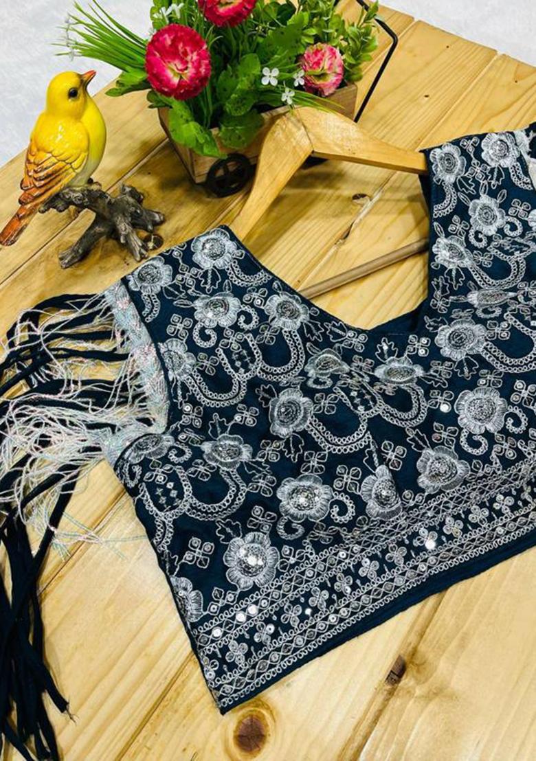 Navy Blue Printed Blended Saree Set - Indya