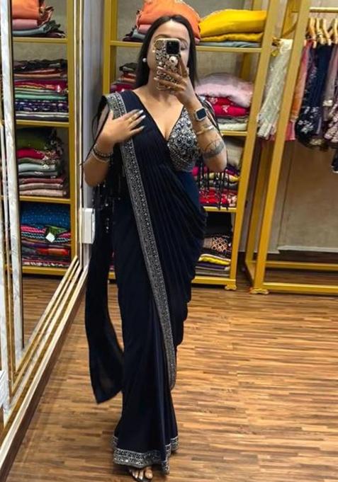 Navy Blue Printed Blended Saree Set