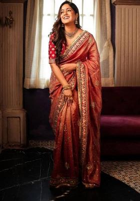 Red Printed Blended Saree Set