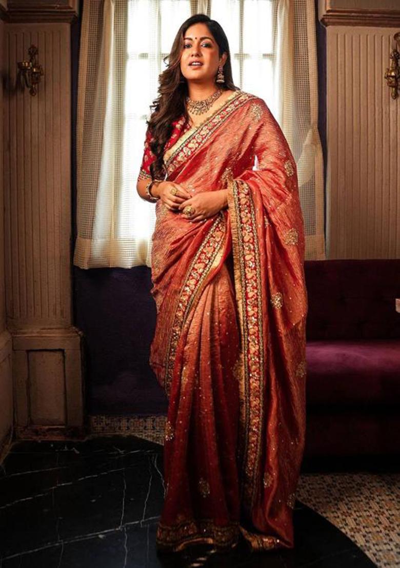 Red Printed Blended Saree Set - Indya