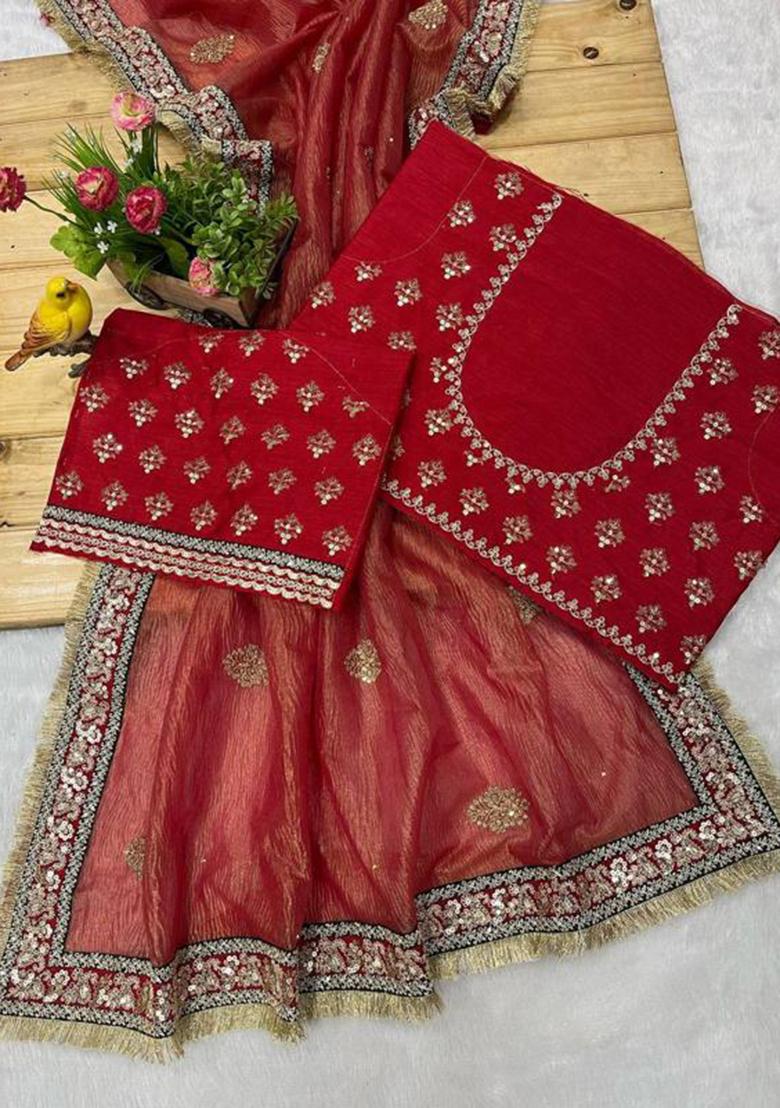 Red Printed Blended Saree Set - Indya