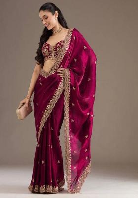Maroon Printed Blended Saree Set