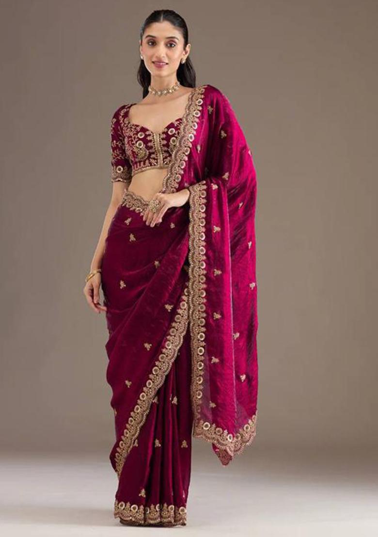 Maroon Printed Blended Saree Set - Indya