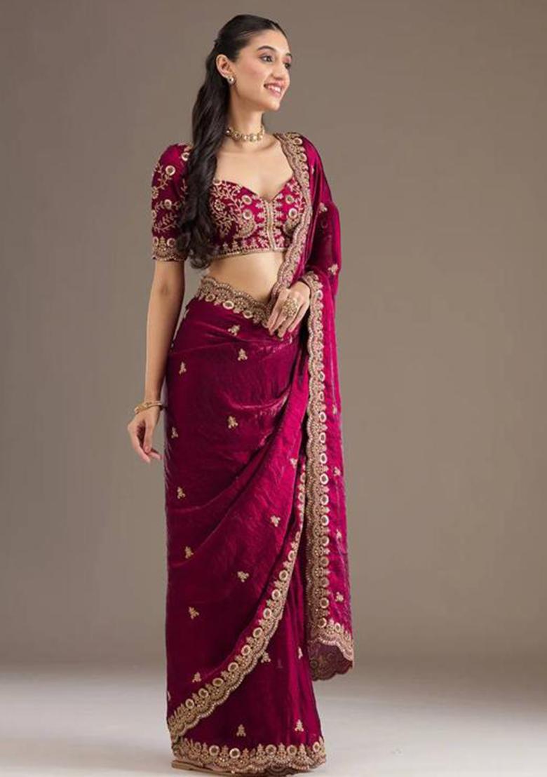 Maroon Printed Blended Saree Set - Indya