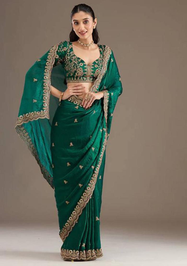 Green Printed Blended Saree Set - Indya