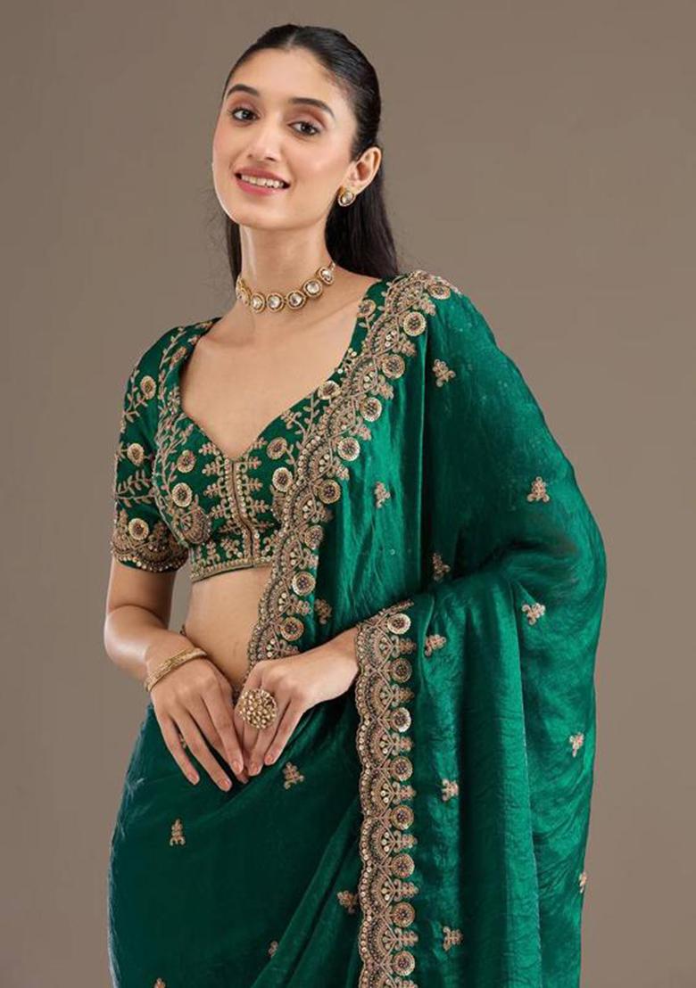 Green Printed Blended Saree Set - Indya
