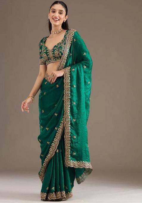 Green Printed Blended Saree Set